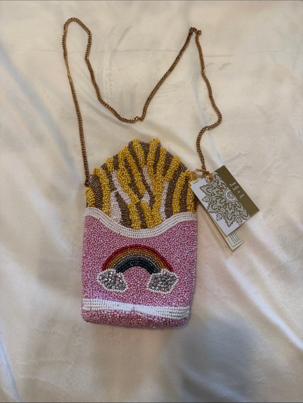 Beaded French Fries Rainbow Crossbody Bag - Pink, Yellow, Brown
